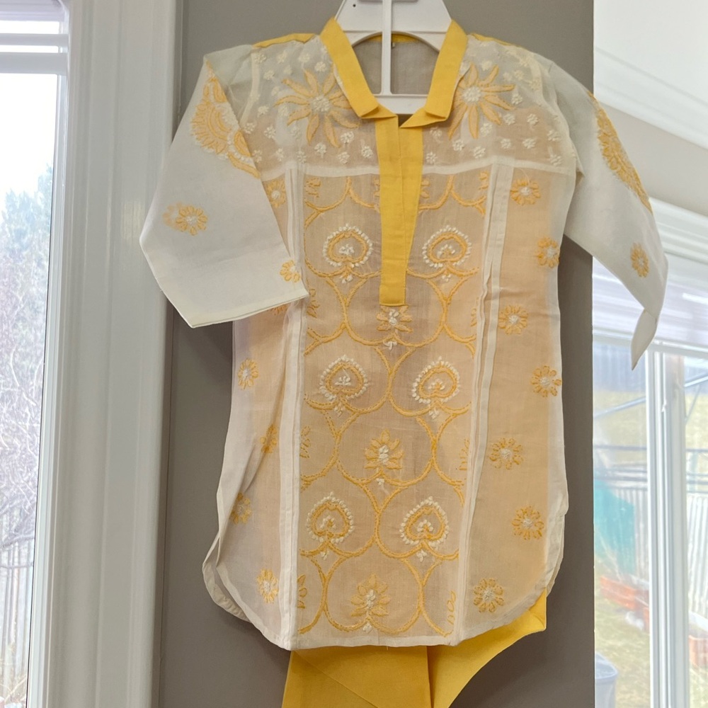 Kid’s Yellow and White Embroidered Kurta Set